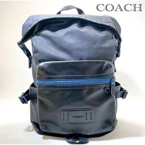 Coach Mens Rolltop Backpack Grey Tech Canvas Black Perforated Leather Blue Trim